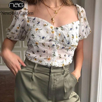 

NewAsia Square Neck Chiffon Blouse Women See-through Crop Top Short Puff Sleeve Blouses Single Breasted Party Beachwear Shirts