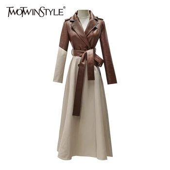 

TWOTWINSTYLE Hit Color Patchwork Leather Windbreaker For Women Lapel Long Sleeve High Waist With Sashes PU Long Trench 2020 New