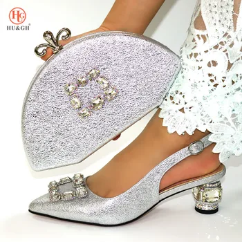 

2020 New Arrival African Lady Pointed Toe Shoes Sliver Color Shoes And Bags Set Decorated with Rhinestone For Wedding And Party