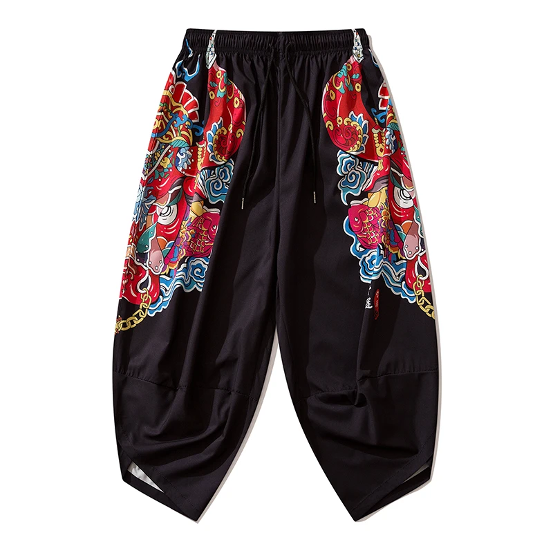 Bebovizi 2020 Japanese Style Harajuku Men Trousers Sakura Samurai Costume Loose Fashion Women Traditional Bloom Pants Haori