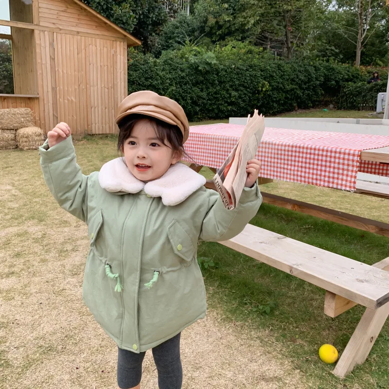 Хлопковый, для новорожденных девочек стеганая куртка зимнее утепленное пуховое хлопковое пальто для детей на талии хлопковая теплая детская куртка с ягненка меховой воротник