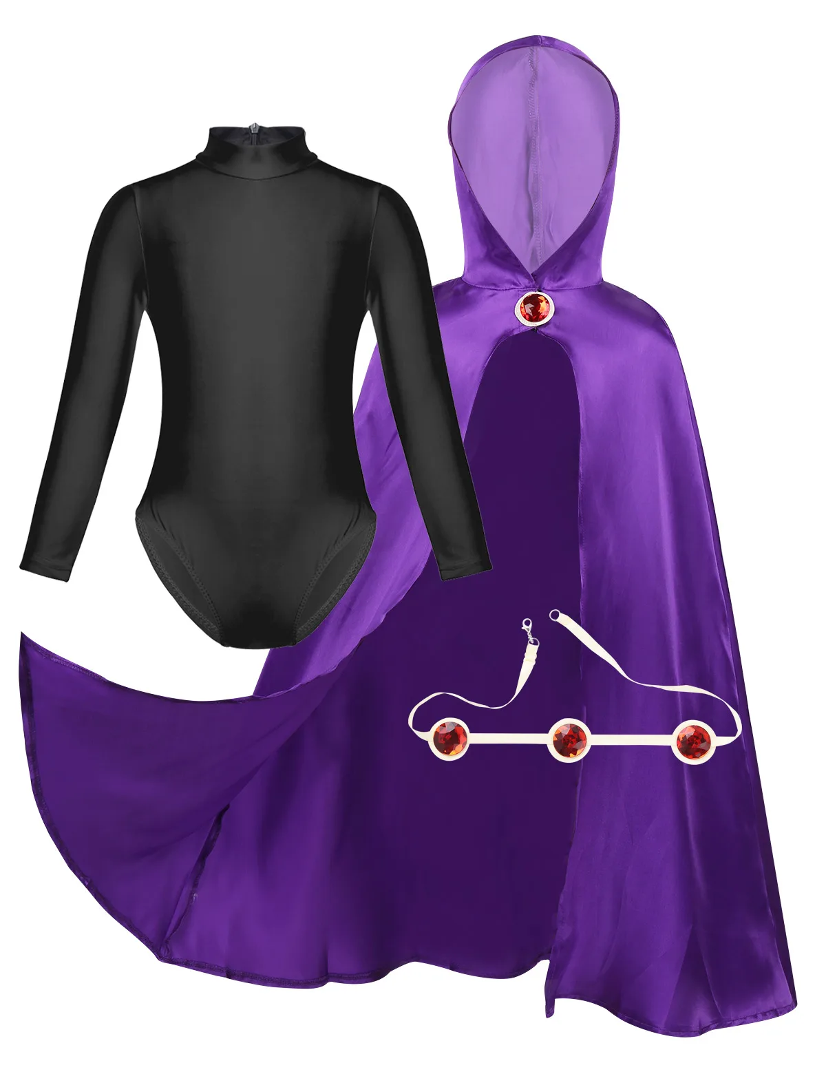 Black Purple Детский маскарадный костюм на Хэллоуин для девочек, костюм с длинными рукавами, с воротником-стойкой, на молнии сзади, трико, комбинезон с искусственным бриллиантовым поясом, накидка с капюшоном - Цвет: Black Purple