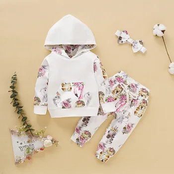 

3pcs/set Fashion Baby Infant Baby Girls Clothes Suit Toddler Hooded Top+flowers Pants + Headband Outfits 0-18M Autumn Explosion