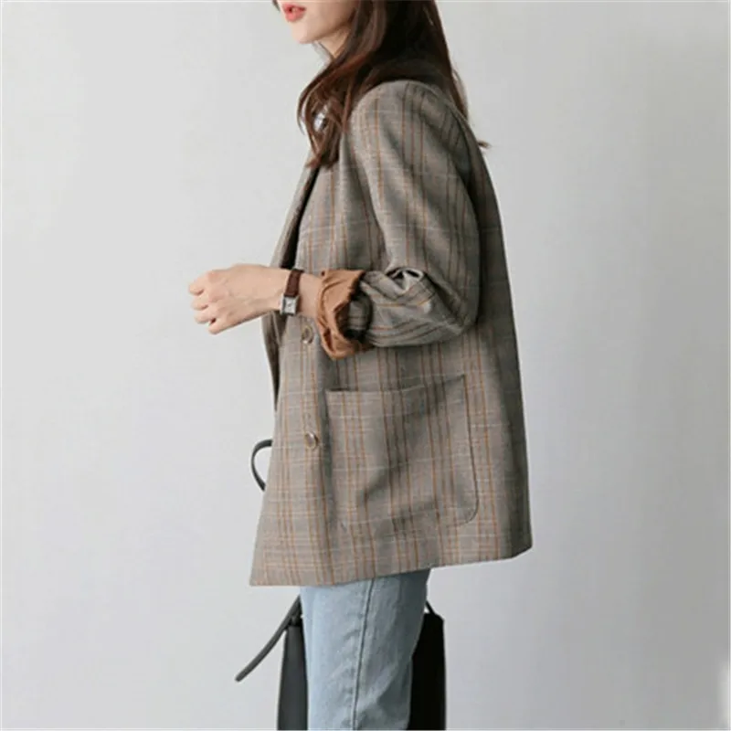 Женский клетчатый пиджак в стиле ретро повседневный свободный с длинным рукавом