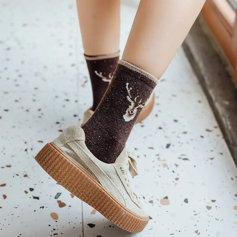 Осенне-зимние теплые шерстяные носки с рисунком головы оленя для дошкольников женских носков