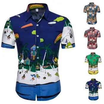 

Men Shirt Summer Fashion Men's Casual Button Hawaiian Print Beach Short Sleeve Top Blouse Hawaiian Shirt For Mens
