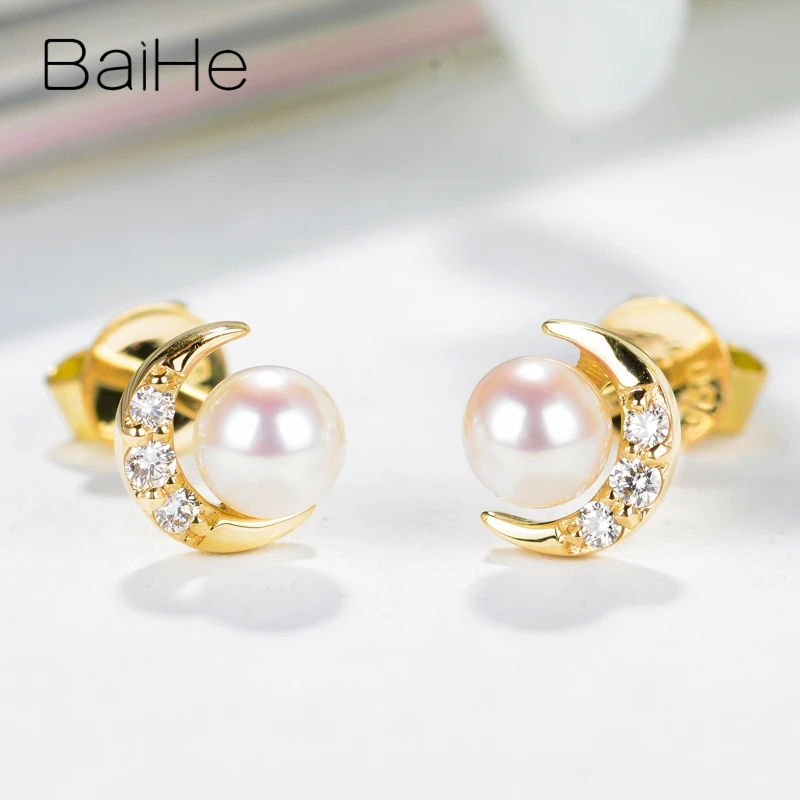 BAIHE Solid 14 к желтое золото 4 мм безупречный натуральный пресноводный жемчуг свадебные женские ювелирные изделия элегантный уникальный подарок на Луну серьги