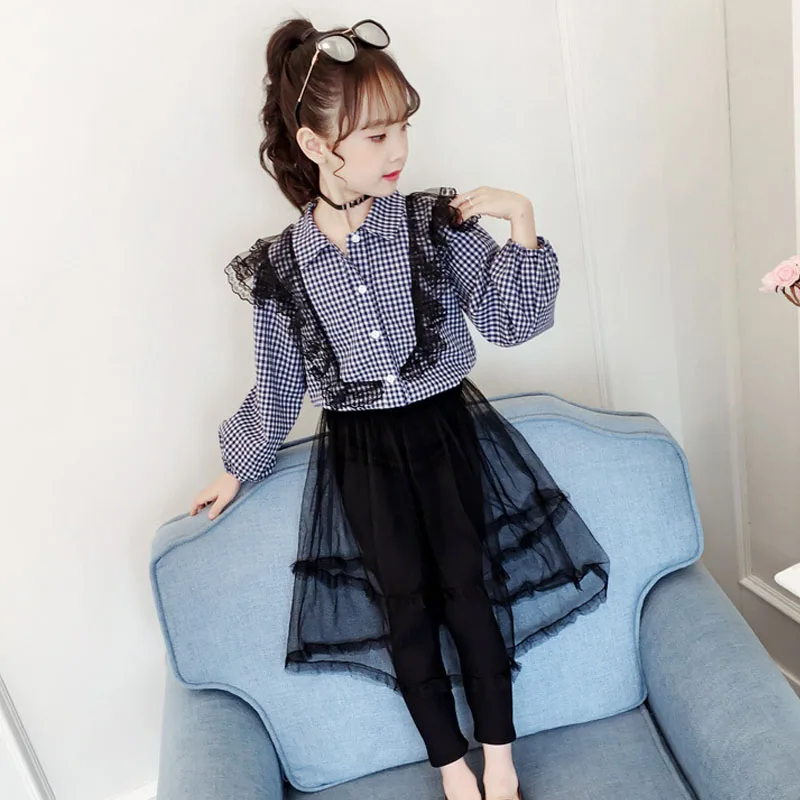 

Back To School Clothing Autumn Girls Set Girl Suit Teens Lace Blouse + Leggings With Skirts Kids Clothing Sets Baby Black Red