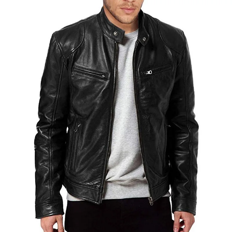 Chaqueta de cuero Vintage informal para hombre, chaqueta masculina de cuero de poliuretano genial con diseño de bolsillo y cremallera