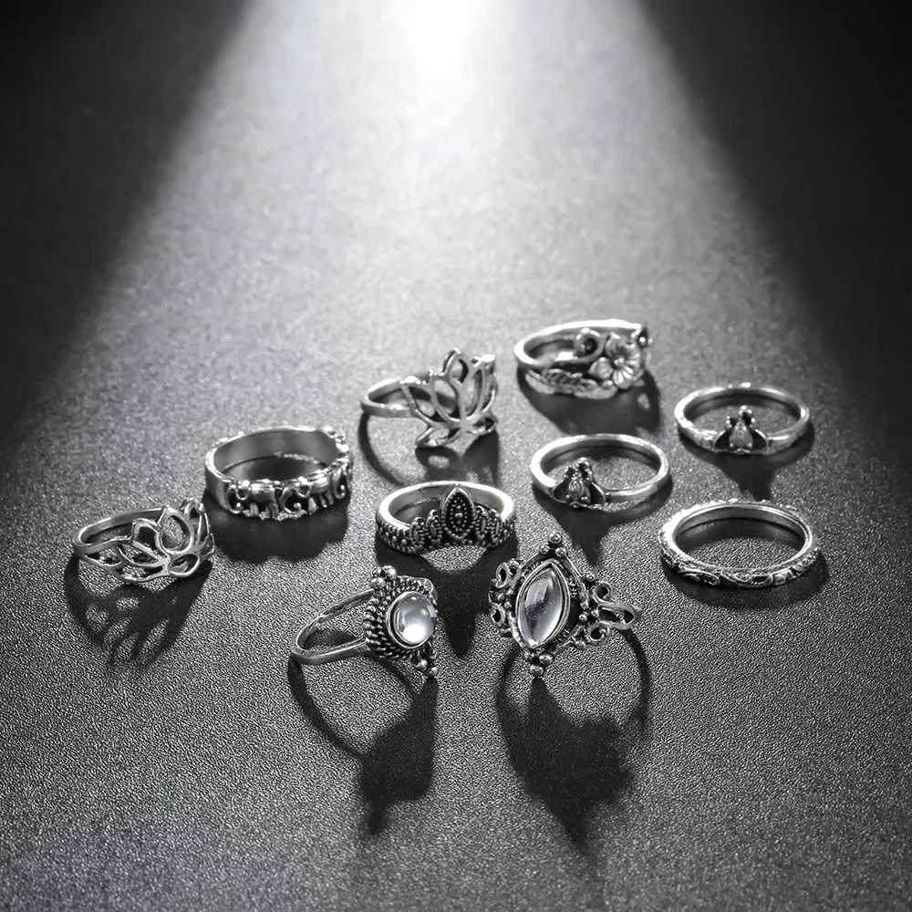 Meyfflin Винтаж Тарельчатая комплект для Для женщин модные Anel Aneis Bague камень серебро Миди палец кольца Бохо ювелирные изделия 10 шт./компл