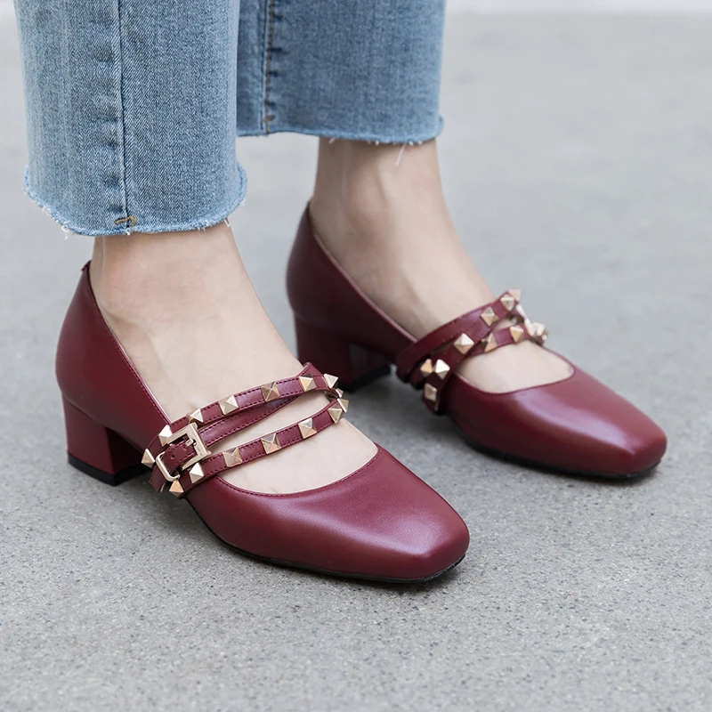 British style new spring high heels shoes women's pumps genuine leather rivet Gladiator Mary Jane ladies dating shoes femme