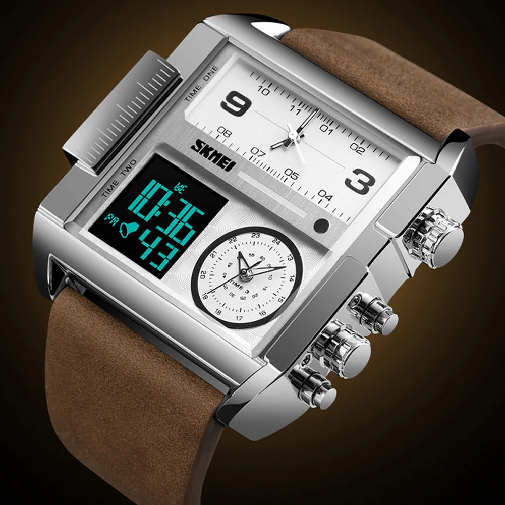 SKMEI 1391 модные квадратные кварцевые наручные часы с циферблатом, многофункциональные водонепроницаемые Мужские часы из натуральной кожи