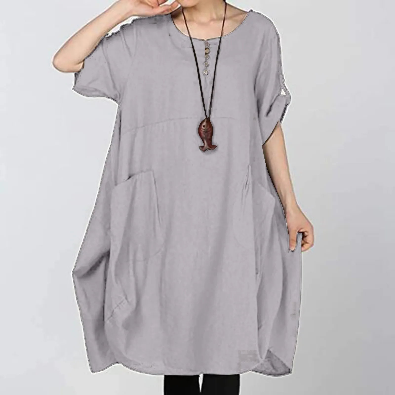 Women's Fat MM Linen Plus Size Lantern Skirt Round Neck Waist Dress Pocket Short Dresses Elegant Streetwear Shirt Vestidos Mujer 1