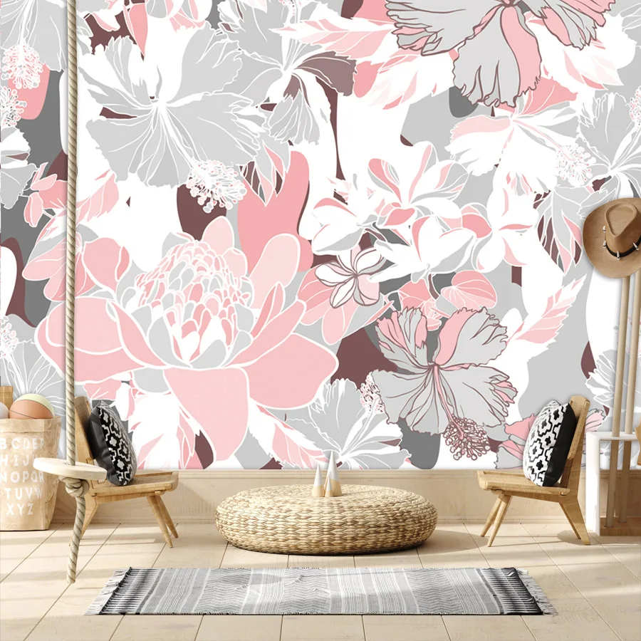 Pink Floral Nordic 3d Tropical Removable Wallpapers for Living Room