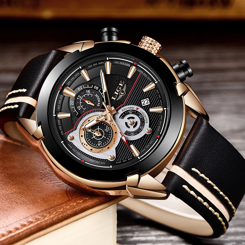 LIGE Mens Watches Top Brand Luxury Quartz Gold Watch Men Casual Leather Military Waterproof Sport Wrist Watch Relogio Masculino