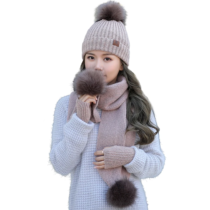 Женская вязаная зимняя шапка шарф перчатки 3 комплекта с помпоном тюк Акриловые