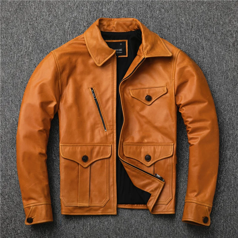 Genuine Real Leather Men 100% Sheepskin Coat Oil Wax Retro Motorcycle Jacket Slim Fit Ropa Hombre 2132 KJ4722 genuine leather trench coats