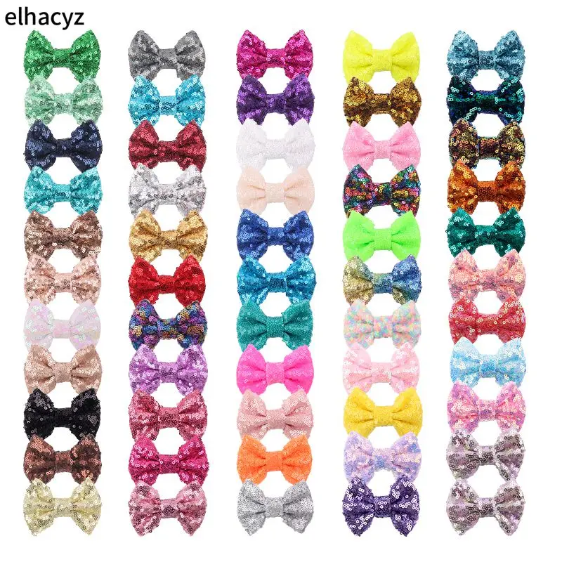 50Pcs/Lot 73 Colors 3'' Mini Glitter Sequin Hair Bow Cute Hair Clip Barrette Festival Party Headwear Girls DIY Hair Accessories