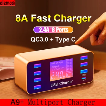 

A9+ Multi-port 8A Smart USB Charger 40W QC 3.0 USB Charger Type C Quick LCD Display 7 USB Ports 1 Type-C Port AC100-240V