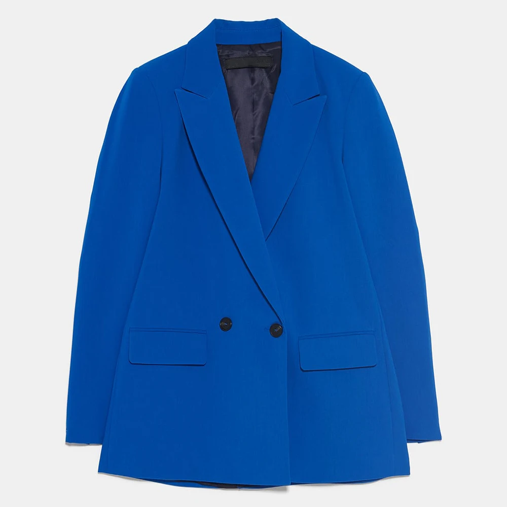Мода ZA, осенний костюм, куртка, пальто для женщин, Европа, Америка, черный, синий цвет, одежда, двубортное пальто, вечерние, для путешествий - Цвет: blue