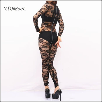 

Sexy Night Party Club Black Lace Sheer Mesh Jumpsuit Women Back Zipper Open Crotch Rompers Long Sleeve Bodycon Female Overalls
