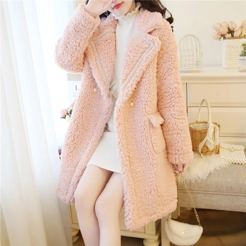 pink SWEETXUE, розовое, плюшевое женское длинное зимнее пальто, женское, свободное, средней длины, Женское пальто из искусственного меха ягненка, куртка, Женское пальто - Цвет: pink