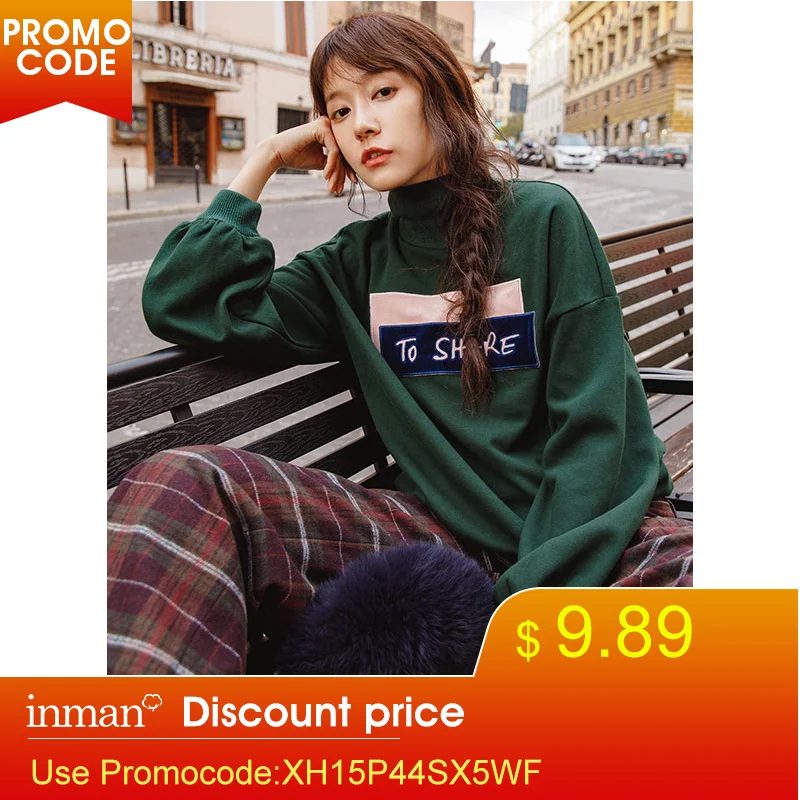  INMAN Spring Spring Autumn Printing Loose Style Turtleneck Collar Long Sleeve Women Sweatshirt