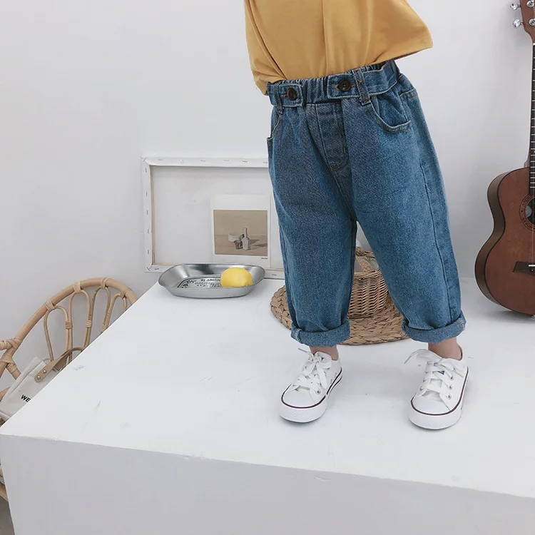 Spring Autumn boys girls casual 2 buttons denim pants kids fashion all-match patchwork jeans