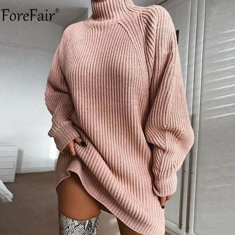 Розовый Forefair Водолазка с длинным рукавом свитер платье для женщин осень зима свободная туника трикотажная Повседневная розовая серая одежда однотонные платья - Цвет: Розовый