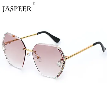 

JASPEER Vintage Rimless Sunglasses Women Brand Designer Diamond Oversized Gradual Sun Glasses Ladies Rhinestone Hexagon UV400