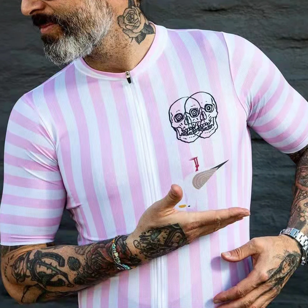 

Love The Pain Men's Summer Cycling Jersey Short Sleeve Bike Shirts Pink Stripes Bicycle Clothing Team Road Cycling Tops Maillot
