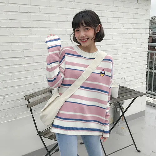 Neploe женские Полосатые свитера корейский стиль преппи вышивка вязаный пуловер Harajuku одежда длинный рукав пуловеры 54650 - Цвет: pink