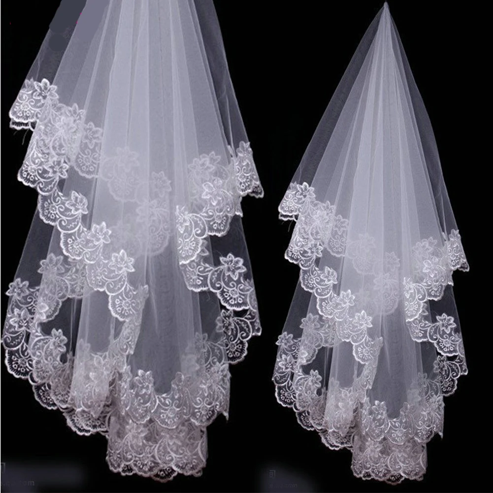 

Hot Wedding Accessories Short Wedding Veil White Ivory One Layer Bridal Veil Appliques Lace Edge