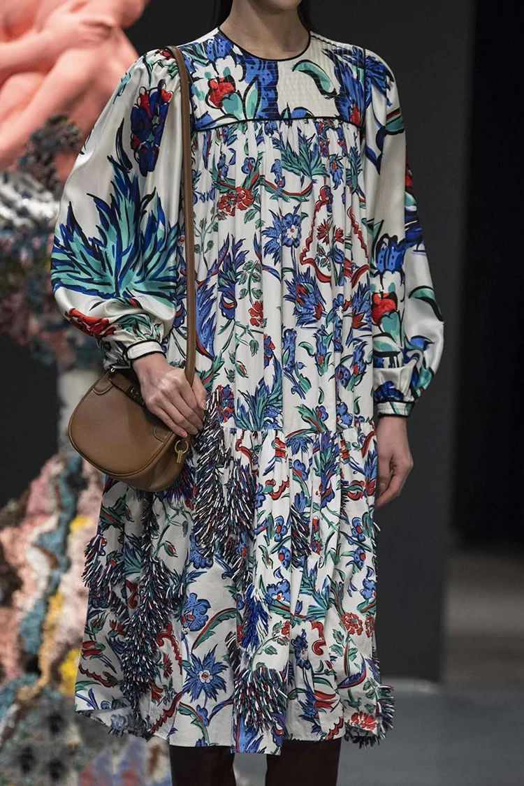 AELESEEN Runway Fashion Women Dress Designer New Arrival Autumn Fall Dress Long Sleeve Loose Style Flower Print Casual Dress