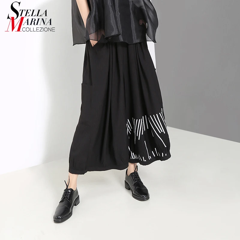 

* 2019 Korean Style Women Black Wide Leg Pants & Pocket Elastic Waist Left Leg With Stripes Lady Casual Long Pants Trousers 5393