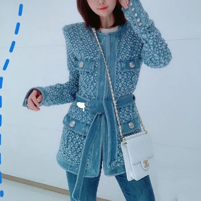 2019 осенняя синяя джинсовая куртка с поясом рваными дырками для женщин пальто