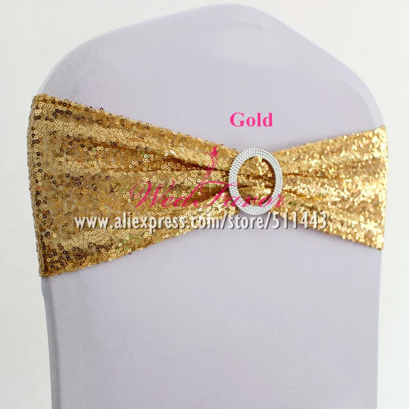 Gold 50 шт., круглые пряжки, спандекс, лайкра, чехлы на кресла из пайеток, эластичные блестящие галстуки на стулья, галстуки-бабочки для отелей, вечерние, свадебные украшения - Цвет: Gold