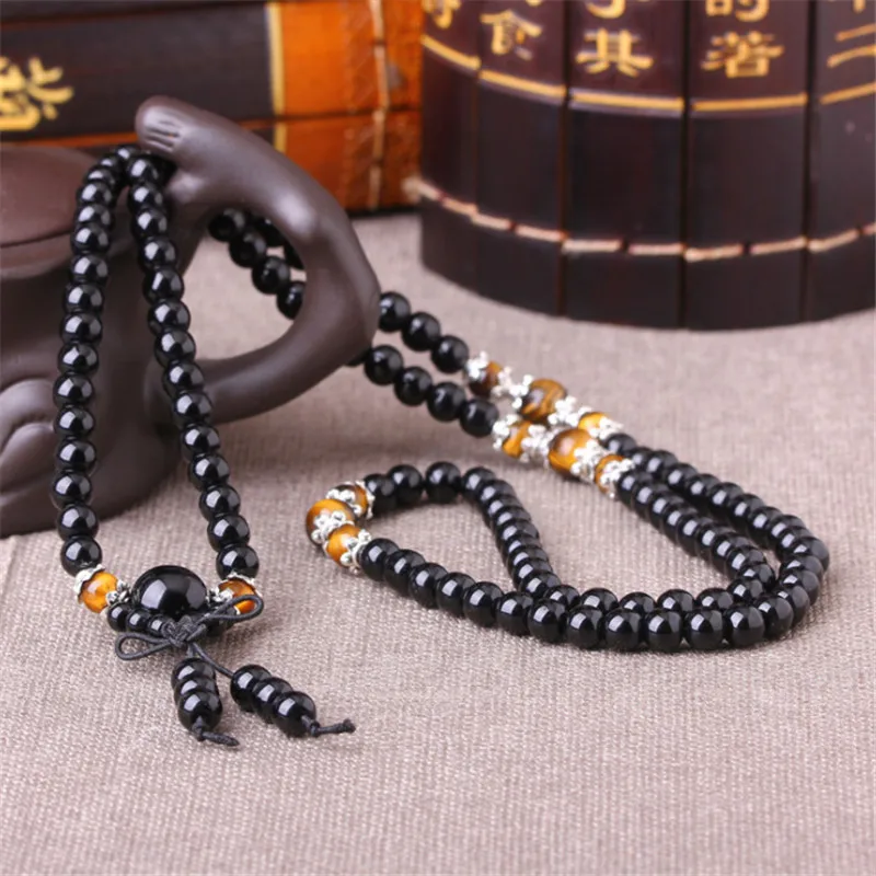 108 Beads Obsidian Beaded Prayer Mala Rosary Bracelets Men Buddhist Buddha Meditation Tiger Eye Stone Wood Bracelet For Women
