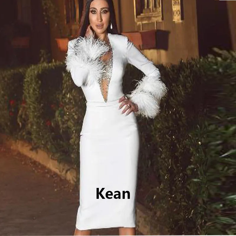 

Белое вечернее платье-Русалка цвета слоновой кости с перьями и глубоким V-образным вырезом до колен для особых случаев исламский Дубай Кафтан Саудовский арабский вечерний наряд