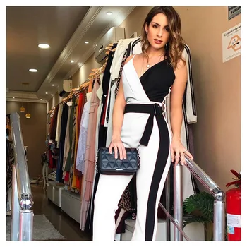 

Office Lady Sexy Deep V neck Sleeveless Color Patchwork Belted Jumpsuit Playsuit Rompers High Street Party wear