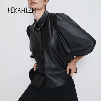 

fashion fur leather black blouse femme autumn turn down collar puff sleeve top Strettwear women blouses casaul women tops blusas