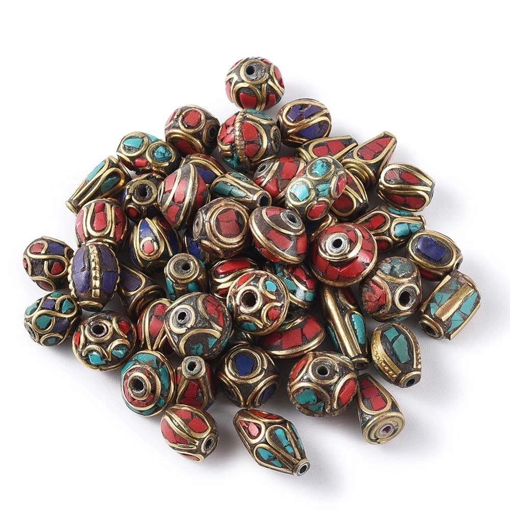 50pcs Tibetan Style Brass Beads with Synthetic Coral Antique Golden