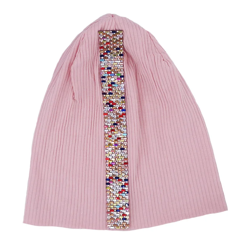 Pink Женские ребристые Стразы, шапки бини для женщин, новинка, громоздкие Хлопковые вязаные шапочки Skullies, шапка, теплая шапочка, рождественские подарки - Цвет: Pink