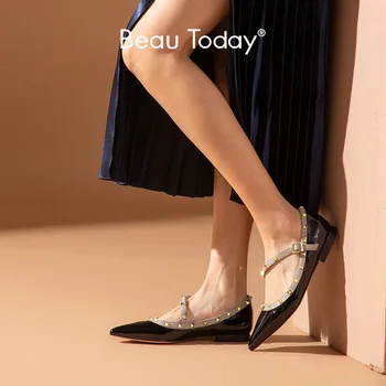 

BeauToday Flats Women Patent Leather Rivet Decoration Buckle Strap Pointed Toe Spring Ladies Shallow Mary Janes Handmade 18221