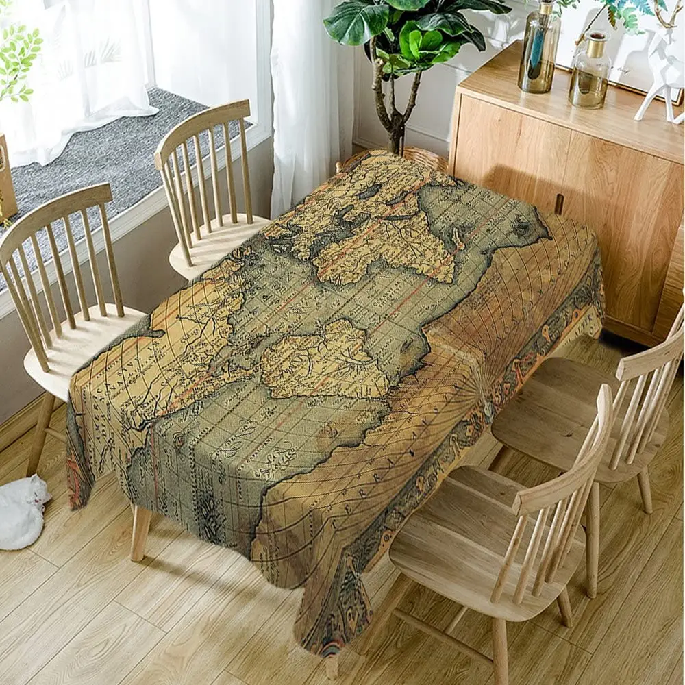 World Map Ancient Old Sand Brown Slate Blue Tablecloth Table Cloth