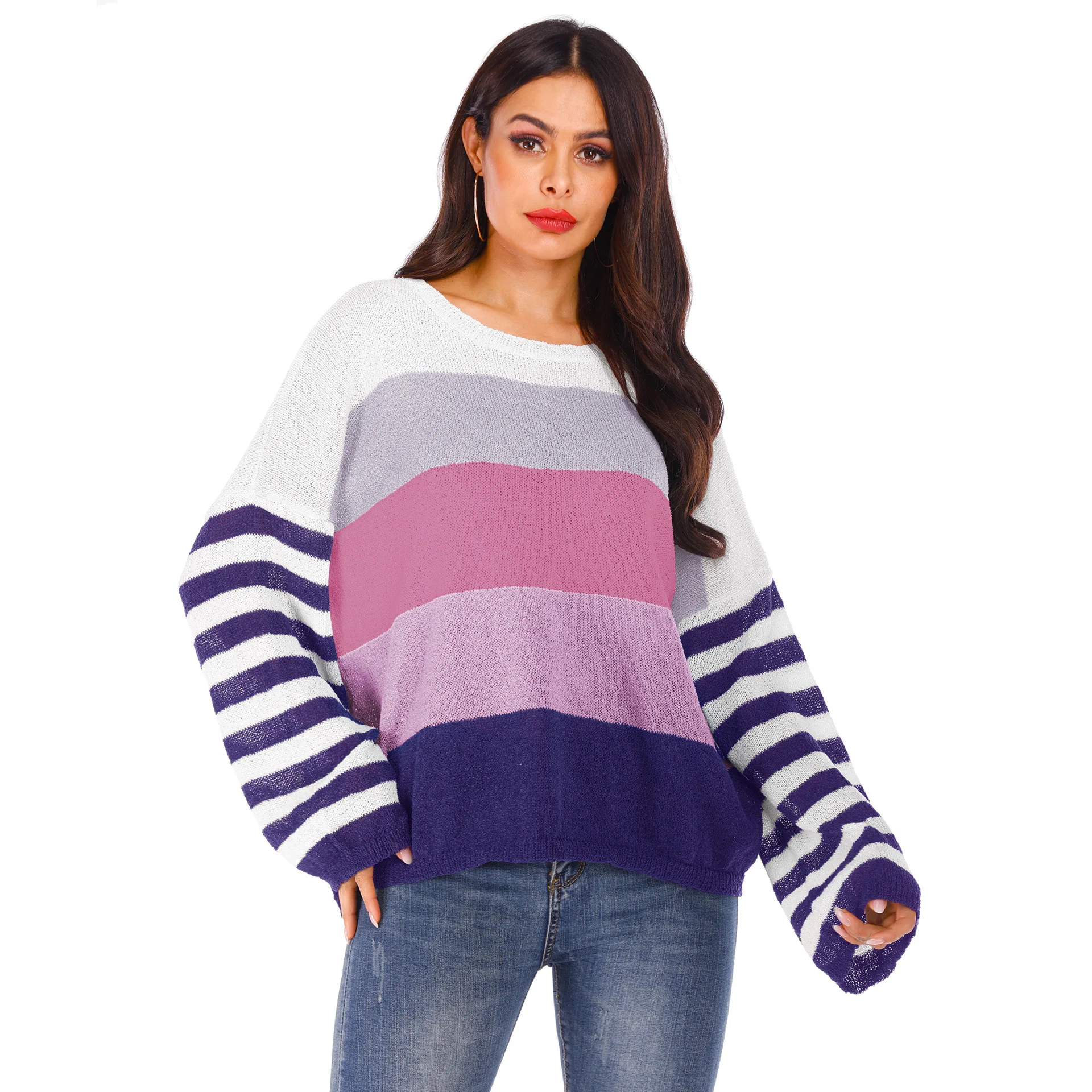 

2019 Winter Autumn Colored Stripes Knitted Sweater Women O-Neck Loose Knitwear Pullovers Women Long Sleeve Thin Sweater