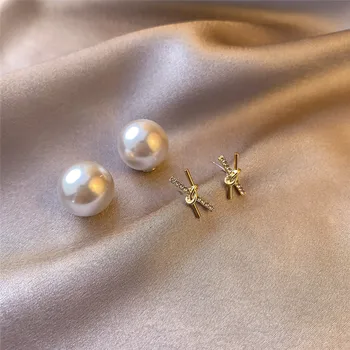 

Big Clear Pearl Double Sided Stud Earrings For Women Temperament Rhinestone Knot Crossed Earrings Elegant Charm Jewellery Gift