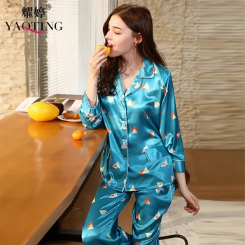 

YAO TING spring and autumn new print sleeping ladies long sleeved trousers two pieces of home wear wholesale