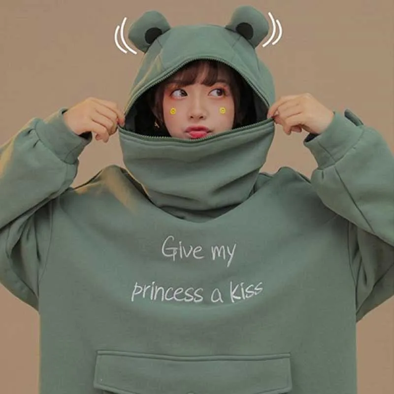 Women Autumn Thick Loose Oversized Hoodie Harajuku Letters Printed Lovely Frog Korean Casual Sudaderas Pullover Female Thicken