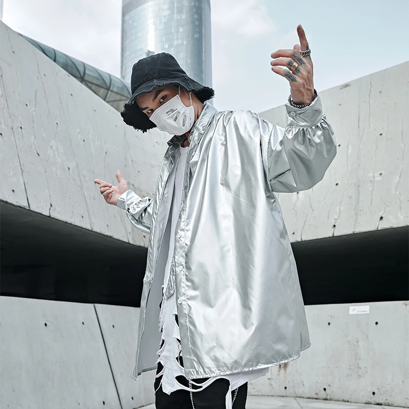 Male Streetwear Hip Hop Party Dress Shirt Coat Stage Costumes Men Long Sleeve Tie Collar Shining Loose Silvery Shirt